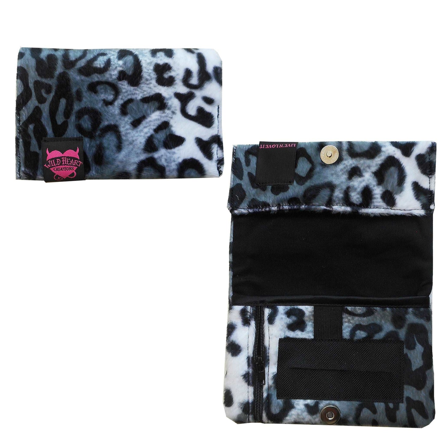 Schneeleopard Tabakbeutel aus Kunstpelz in Grau-Blau und Schwarz.
